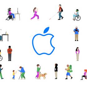 zahlreiche Illustrationen von Personen mit sichtbaren und unsichtbaren Behinderungen. In der Mitte davon ist das Apple-Logo abgebildet.