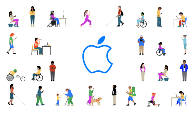 zahlreiche Illustrationen von Personen mit sichtbaren und unsichtbaren Behinderungen. In der Mitte davon ist das Apple-Logo abgebildet.