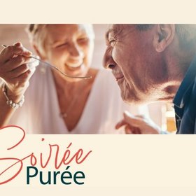 Soirée Purée Eine Frau hält einem Mann eine Gabel hin, der Mann hat den Mund voll. Beide lachen. Oben am Bild ist das Logo der Vitrea Rehaklinik Zihlschlacht, unten links der Schriftzug "Soirée Purée"