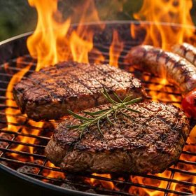 Zwei Steaks, mehrere Würste sowie Zucchetti und Peperoni werden auf einem Holzkohlegrill über offenen Flammen grilliert. Die Szene vermittelt die Stimmung eines sommerlichen Grillplauschs.