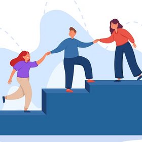 Illustration de trois personnes s'aidant sur des escaliers
