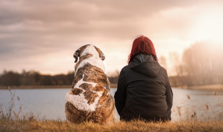 Eine Frau und ein Hund sitzen nebeneinander vor einem See.