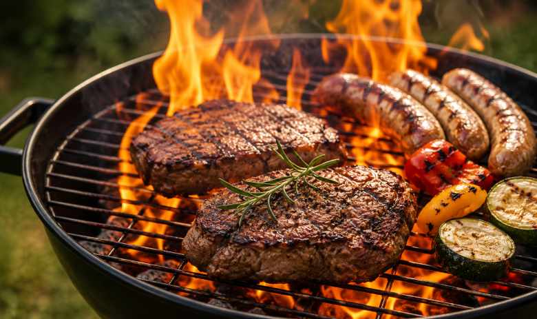 Zwei Steaks, mehrere Würste sowie Zucchetti und Peperoni werden auf einem Holzkohlegrill über offenen Flammen grilliert. Die Szene vermittelt die Stimmung eines sommerlichen Grillplauschs.